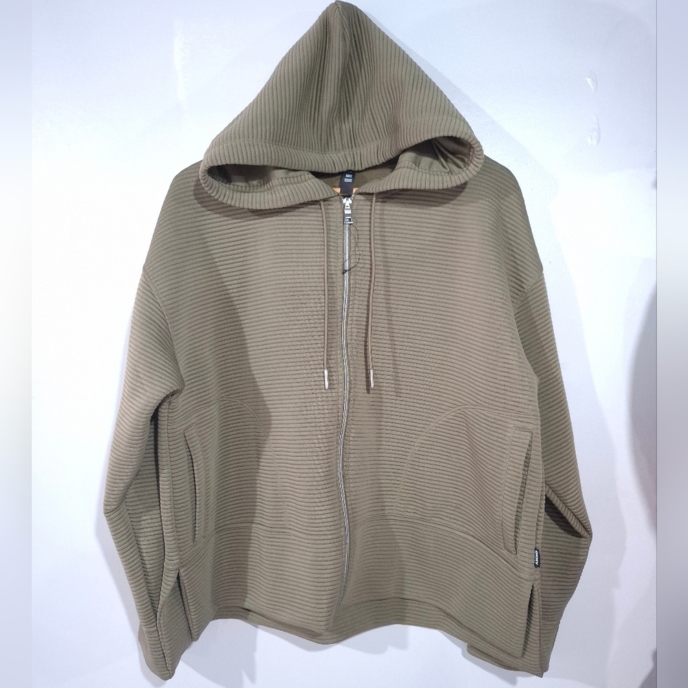 DKNY Women's Tech Pockets Full-Zip Soft Ottoman Hooded Jacket Ribbed Knit XL